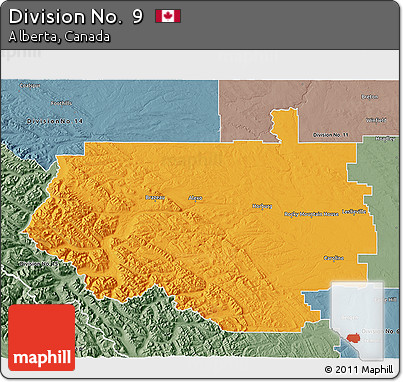 Political 3D Map of Division No.  9, semi-desaturated