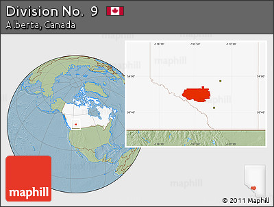 Savanna Style Location Map of Division No.  9, highlighted country, hill shading