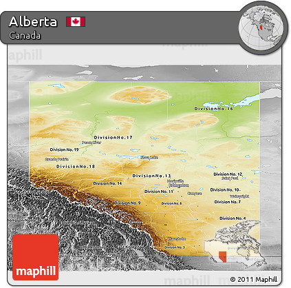 Physical Panoramic Map of Alberta, desaturated