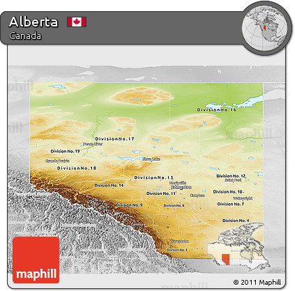 Physical Panoramic Map of Alberta, lighten, desaturated
