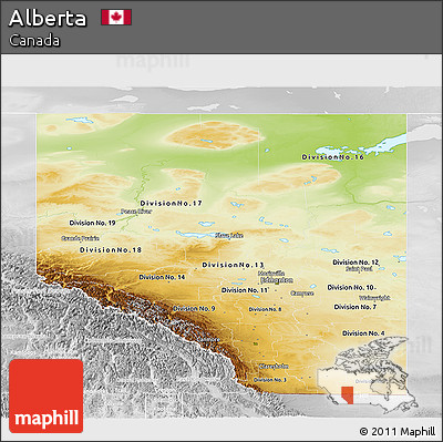 Physical Panoramic Map of Alberta, lighten, desaturated