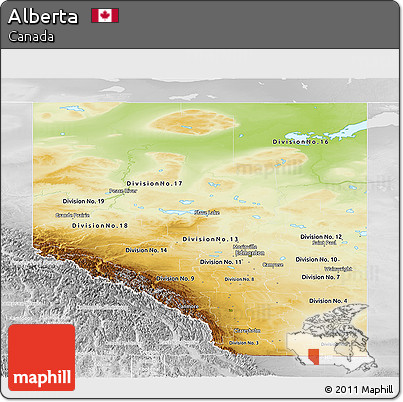Physical Panoramic Map of Alberta, lighten, desaturated