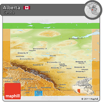 Physical Panoramic Map of Alberta, political shades outside
