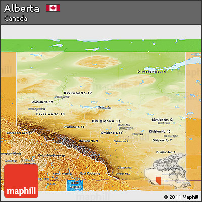 Physical Panoramic Map of Alberta, political shades outside