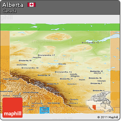 Physical Panoramic Map of Alberta, political shades outside