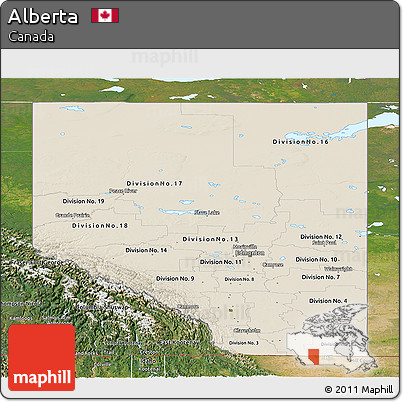 Shaded Relief Panoramic Map of Alberta, satellite outside