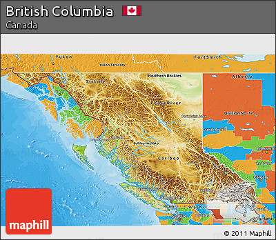 Physical 3D Map of British Columbia, political outside