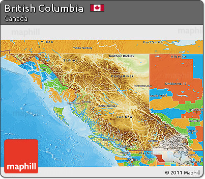 Physical 3D Map of British Columbia, political outside