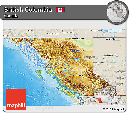 Physical 3D Map of British Columbia, shaded relief outside