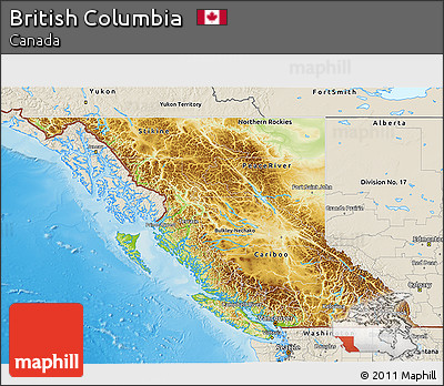 Physical 3D Map of British Columbia, shaded relief outside