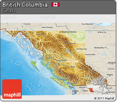Physical 3D Map of British Columbia, shaded relief outside