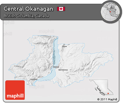 Silver Style 3D Map of Central Okanagan, single color outside