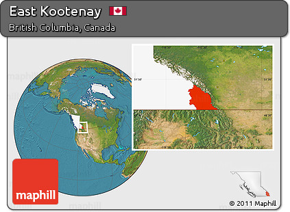 Satellite Location Map of East Kootenay, highlighted parent region