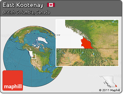 Satellite Location Map of East Kootenay, highlighted parent region
