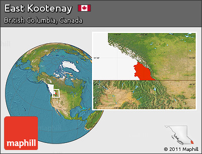 Satellite Location Map of East Kootenay, highlighted parent region