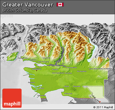 Physical 3D Map of Greater Vancouver, desaturated