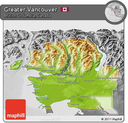 Physical 3D Map of Greater Vancouver, desaturated