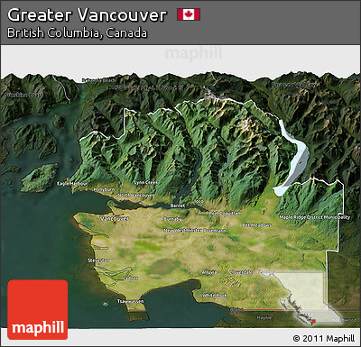 Satellite 3D Map of Greater Vancouver, darken