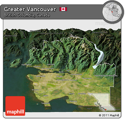 Satellite 3D Map of Greater Vancouver, darken