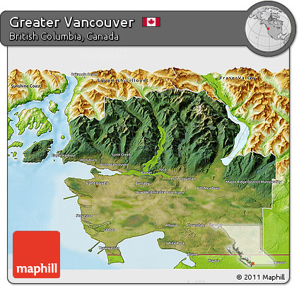 Satellite 3D Map of Greater Vancouver, physical outside