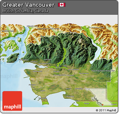 Satellite 3D Map of Greater Vancouver, physical outside