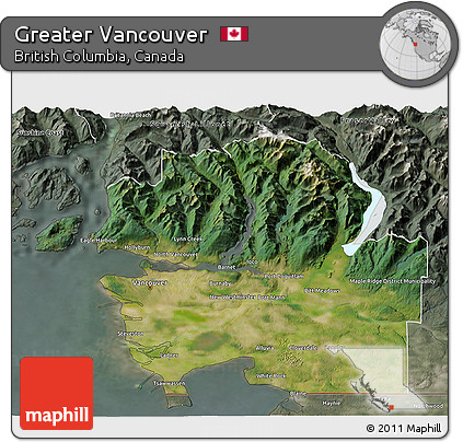 Satellite 3D Map of Greater Vancouver, semi-desaturated