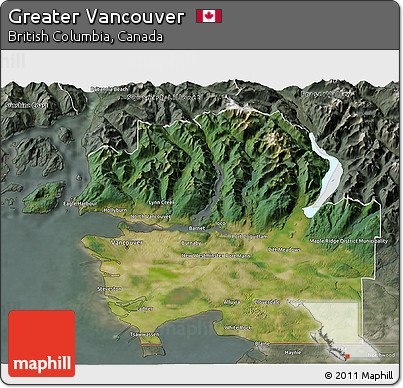 Satellite 3D Map of Greater Vancouver, semi-desaturated