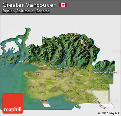 Satellite 3D Map of Greater Vancouver, single color outside