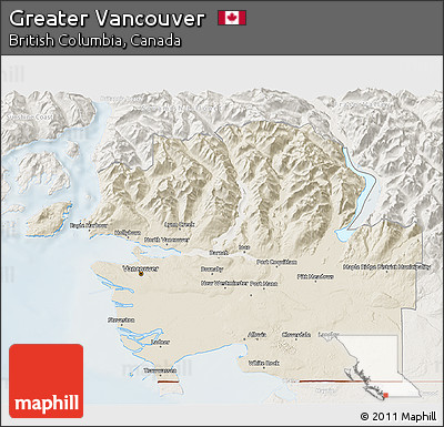 Shaded Relief 3D Map of Greater Vancouver, lighten