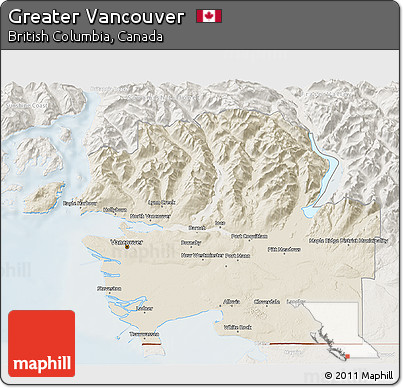 Shaded Relief 3D Map of Greater Vancouver, lighten