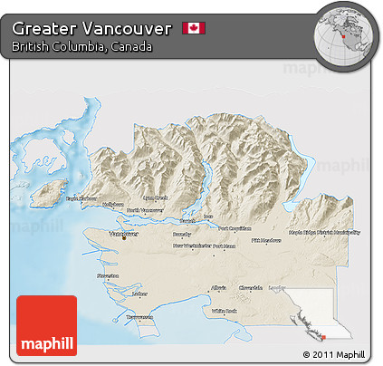 Shaded Relief 3D Map of Greater Vancouver, single color outside