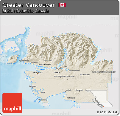 Shaded Relief 3D Map of Greater Vancouver, single color outside
