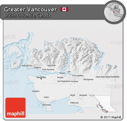 Silver Style 3D Map of Greater Vancouver, single color outside