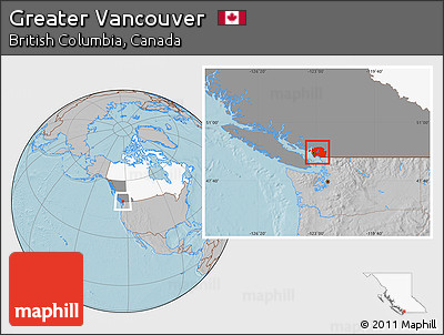 Gray Location Map of Greater Vancouver, highlighted country, highlighted parent region, hill shading