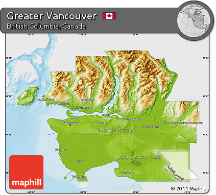 Physical Map of Greater Vancouver, single color outside