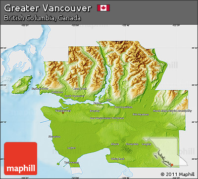 Physical Map of Greater Vancouver, single color outside