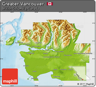 Physical Map of Greater Vancouver, single color outside