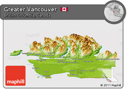 Physical Panoramic Map of Greater Vancouver, cropped outside