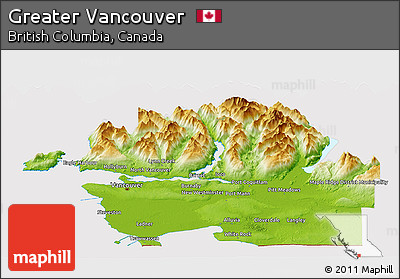 Physical Panoramic Map of Greater Vancouver, cropped outside