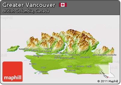 Physical Panoramic Map of Greater Vancouver, cropped outside