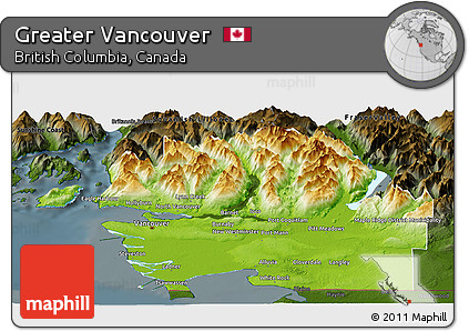 Physical Panoramic Map of Greater Vancouver, darken