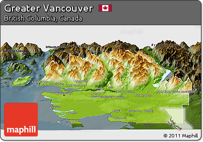 Physical Panoramic Map of Greater Vancouver, darken