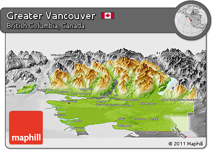 Physical Panoramic Map of Greater Vancouver, desaturated