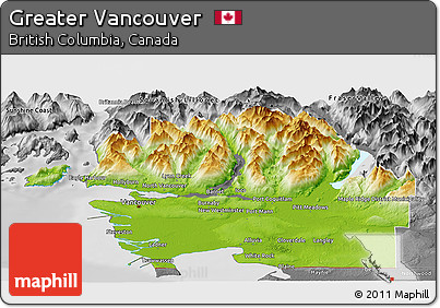 Physical Panoramic Map of Greater Vancouver, desaturated