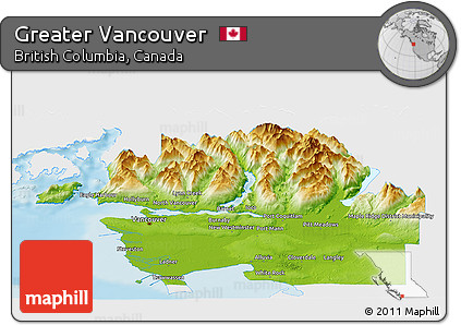 Physical Panoramic Map of Greater Vancouver, single color outside