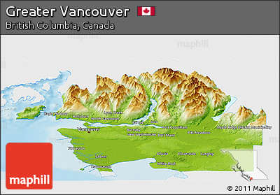 Physical Panoramic Map of Greater Vancouver, single color outside