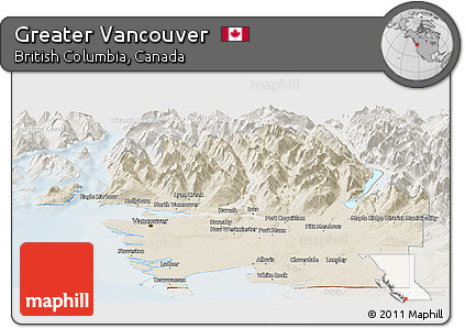 Shaded Relief Panoramic Map of Greater Vancouver, lighten