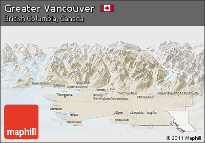 Shaded Relief Panoramic Map of Greater Vancouver, lighten