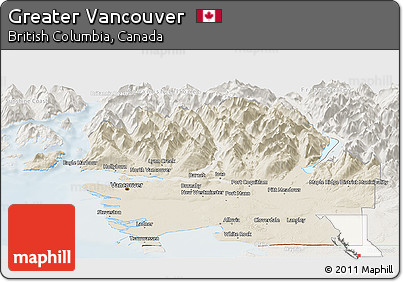 Shaded Relief Panoramic Map of Greater Vancouver, lighten