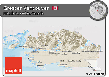 Shaded Relief Panoramic Map of Greater Vancouver, single color outside